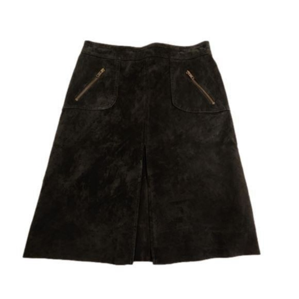 Context Vintage Suede A-Line Midi Skirt Black Zip‎ Pockets Front Slit High Waist